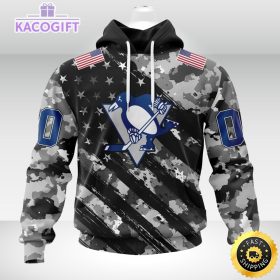 nhl pittsburgh penguins hoodie grey camo military design and usa flags on shoulder 2