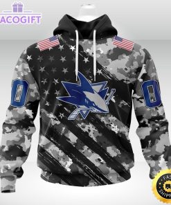 nhl san jose sharks hoodie grey camo military design and usa flags on shoulder 1