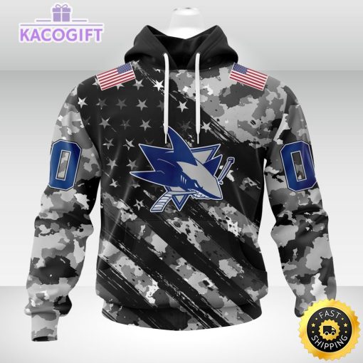 nhl san jose sharks hoodie grey camo military design and usa flags on shoulder