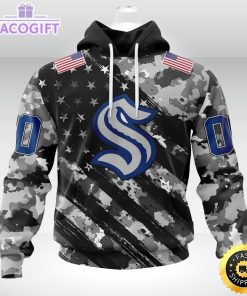 nhl seattle kraken hoodie grey camo military design and usa flags on shoulder 1