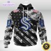nhl seattle kraken hoodie grey camo military design and usa flags on shoulder 2