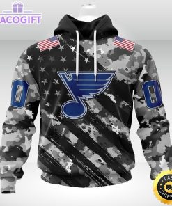 nhl st louis blues hoodie grey camo military design and usa flags on shoulder