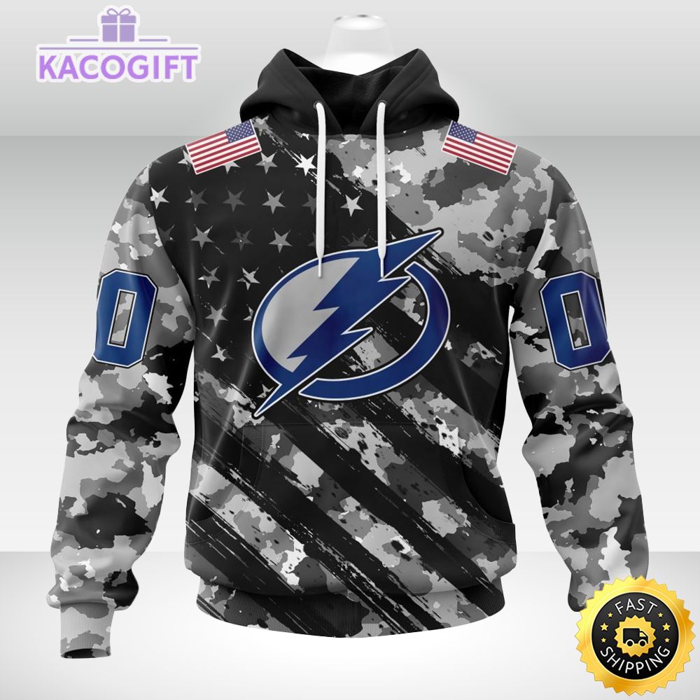 Customized NHL Tampa Bay Lightning Hoodie Grey Camo Army Design with USA Flags on the Sleeves