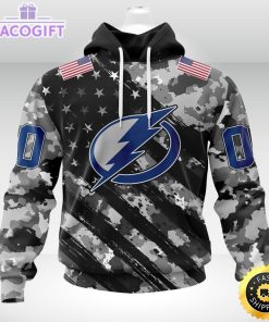 nhl tampa bay lightning hoodie grey camo military design and usa flags on shoulder