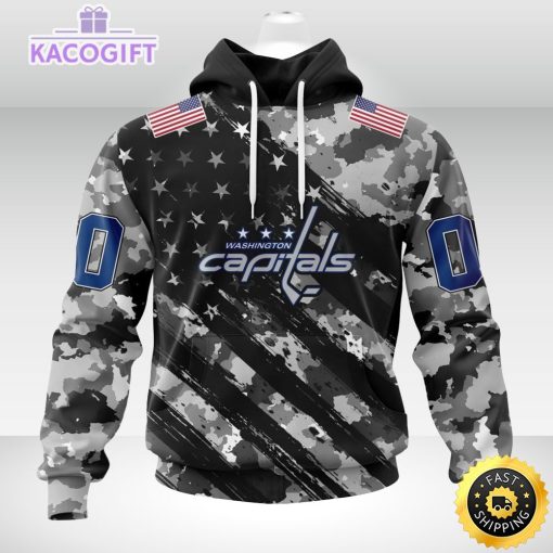 nhl washington capitals hoodie grey camo military design and usa flags on shoulder 2