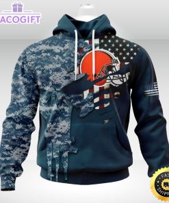 personalized nfl cleveland browns hoodie special navy camo veteran design 3d unisex hoodie