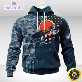 personalized nfl cleveland browns hoodie special navy camo veteran design 3d unisex hoodie