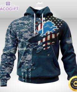 personalized nfl detroit lions hoodie special navy camo veteran design 3d unisex hoodie