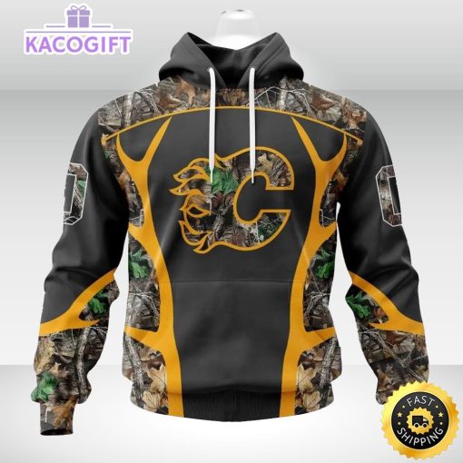 personalized nhl calgary flames hoodie special camo hunting design unisex 3d hoodie