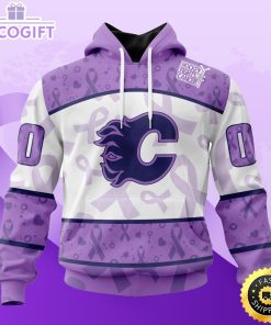 personalized nhl calgary flames special lavender hockey fights cancer all over print unisex 3d hoodie