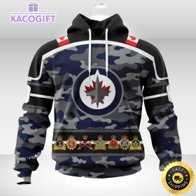 personalized nhl winnipeg jets with camo team color and military force logo all over print 3d unisex hoodie