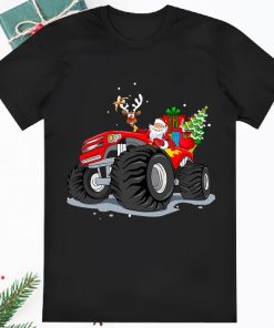 Monster Red Truck With Santa Christmas Tree Reindeer T Red Shirt